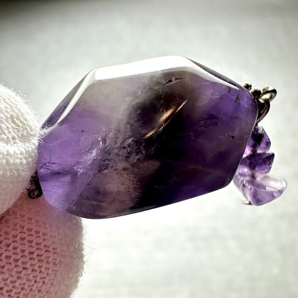Natural Chip Bead Amethyst Silvertone Necklace with Chunky Stone Drop 15.5" VTG - Picture 7 of 8